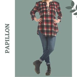 Papillon Women’s Red Plaid Pintuck Tunic Top Lightweight Flannel 3/4 Sleeve XS